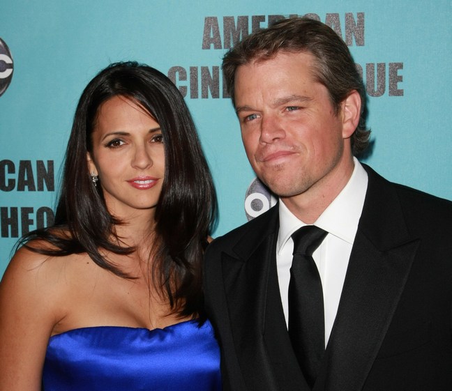 Matt Damon, Black suit, Luciana Barroso Damon, Blue dress, strapless satin dress, earrings