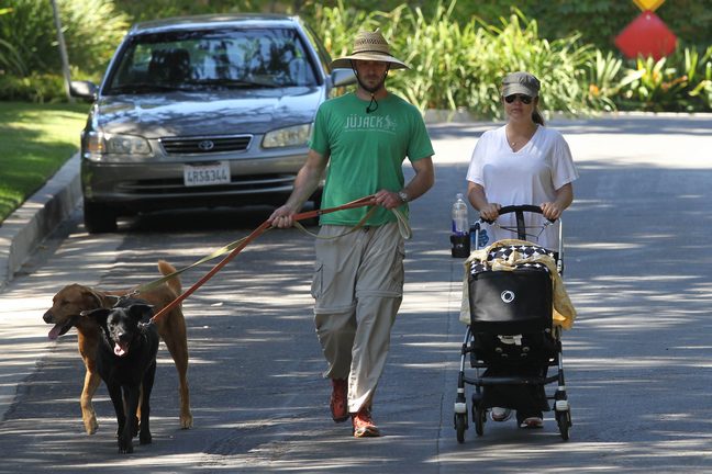 Tiffani Thiessen, white t-shirt, baseball hat, stroller, sunglasses