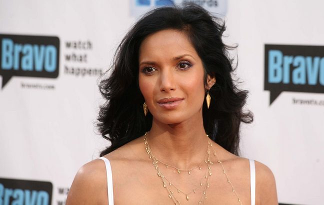 Padma lakshmi, white spaghetti strap dress