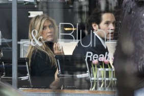 Jennifer Aniston, black sweater, movie set