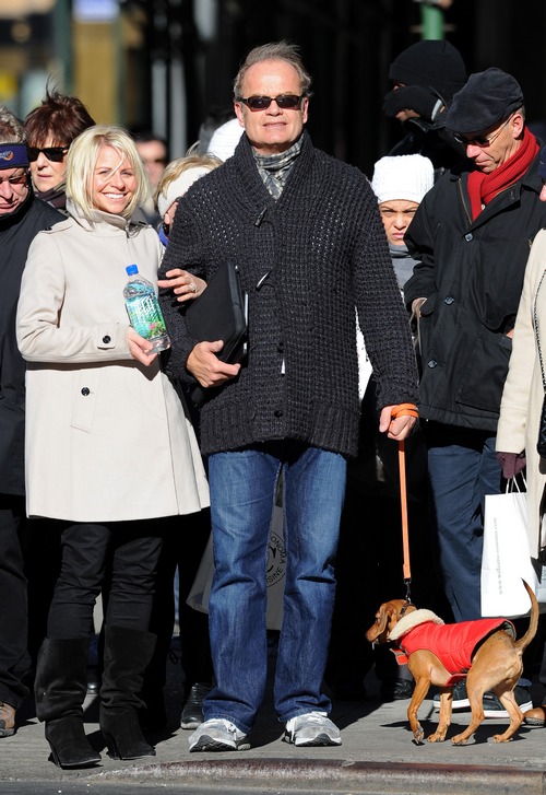 Kelsey Grammer gray sweater, sunglasses, dog