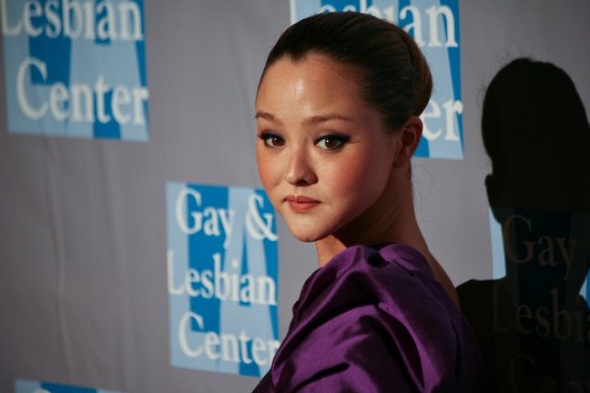 Devon Aoki, purple silk dress