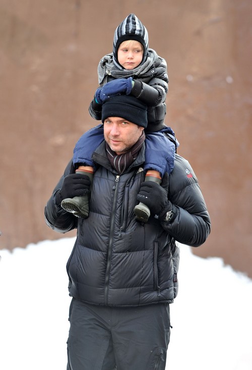 Liev Schreiber winter coat, black coat, knit hat