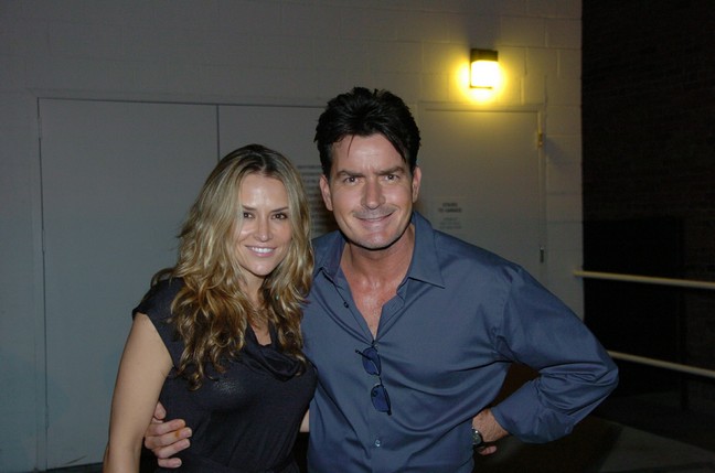 Charlie Sheen, blue shirt, Brooke Mueller