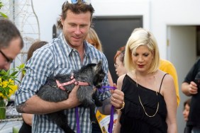 tori spelling black dress, dean mcdermott plaid shirt, goat