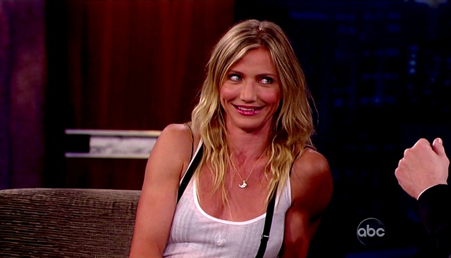 cameron diaz, white tank top, suspenders