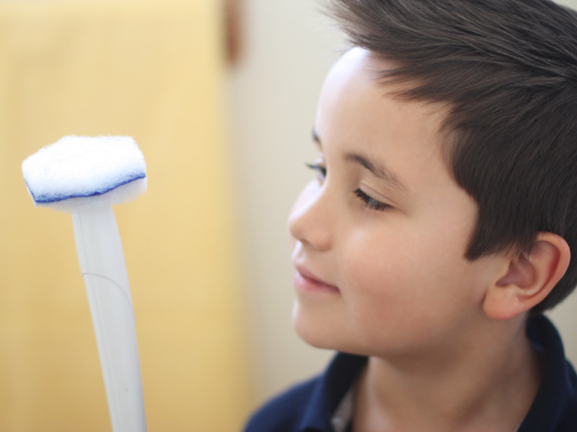 little boy in a blue shirt holding and staring at the toilet wand