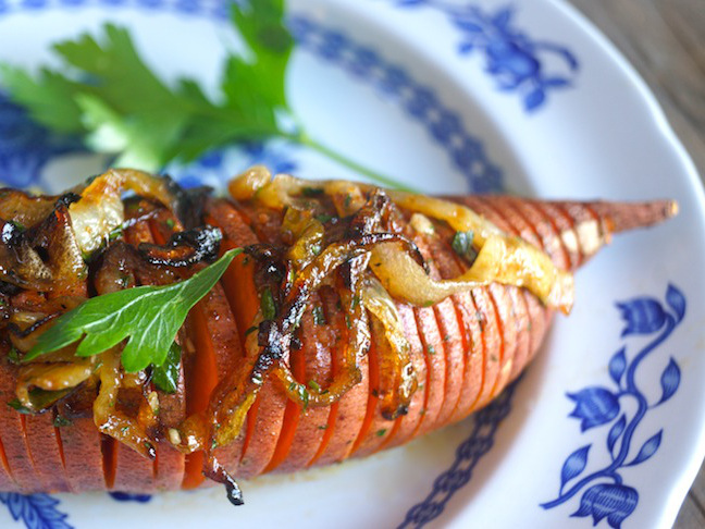 Roasted Hidden Valley Hasselback Sweet Potatoes Recipe with Caramelized Onions - Momtastic