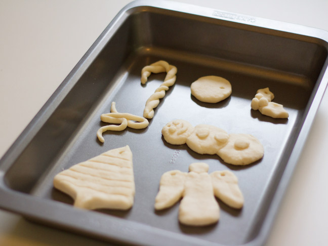 salt dough ornaments in baking sheet