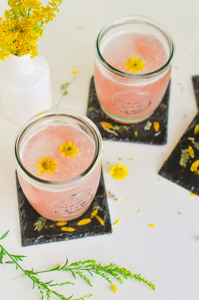 foraged leaves in drinks and placed on DIY leaf art coasters