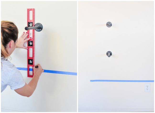 steps for hanging plumbing supplies to mimic industrial wall shelves