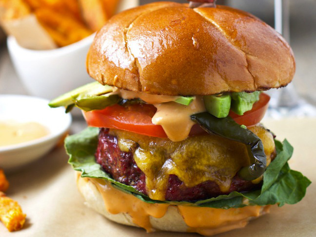 Mexican-Sburger-cheese-hamburger bun-avocado-tomato-green-red