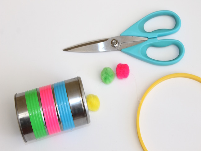 tin can duct tape pom poms scissors