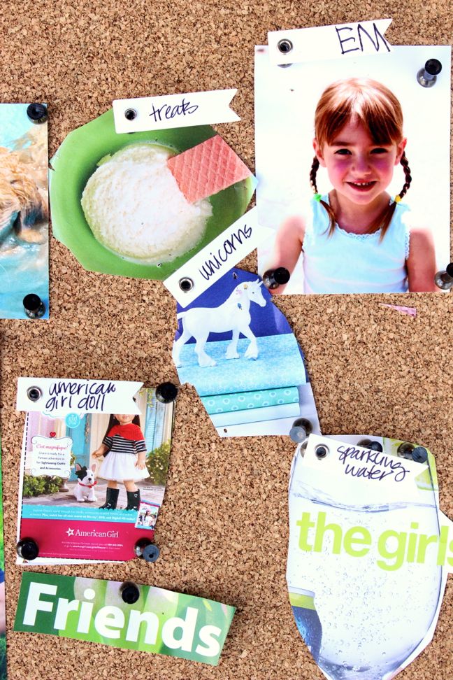 vision-board-corkboard-unicorn-photo-ice-cream-american-girl-doll-pushpins