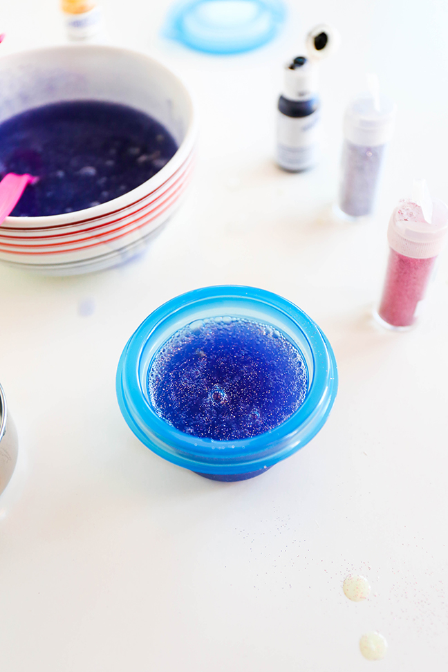 purple glitter soap in miniature tupperware containers