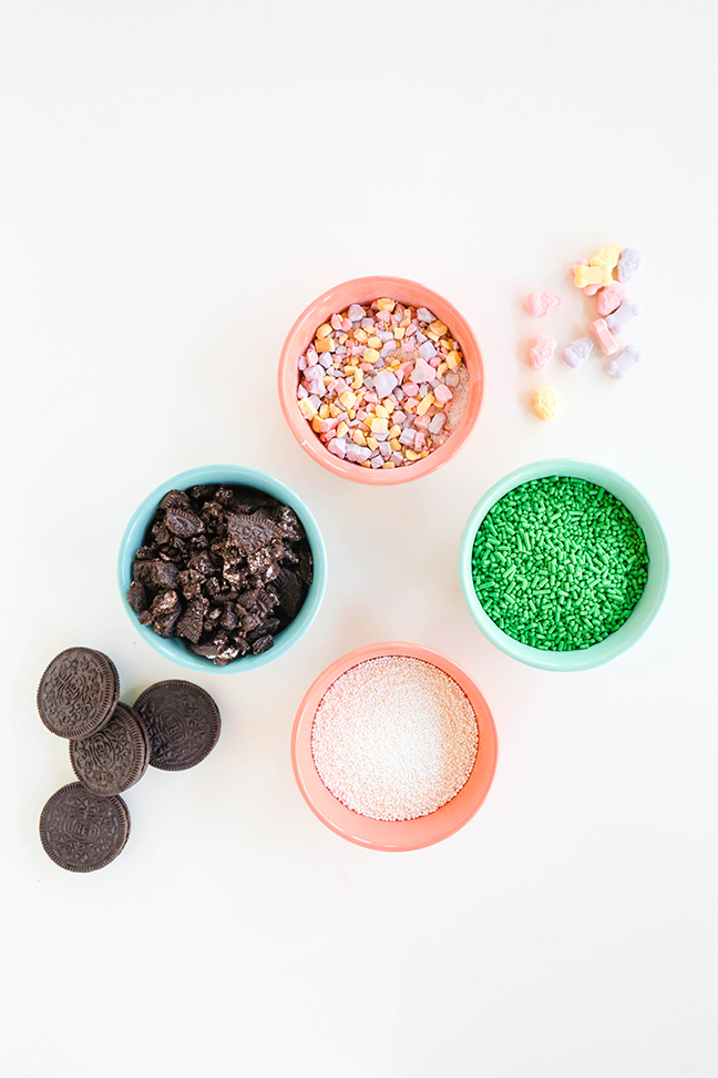 crushed oreos sprinkles candies in bowls