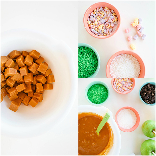 squares of caramel sprinkles in bowls melted caramel