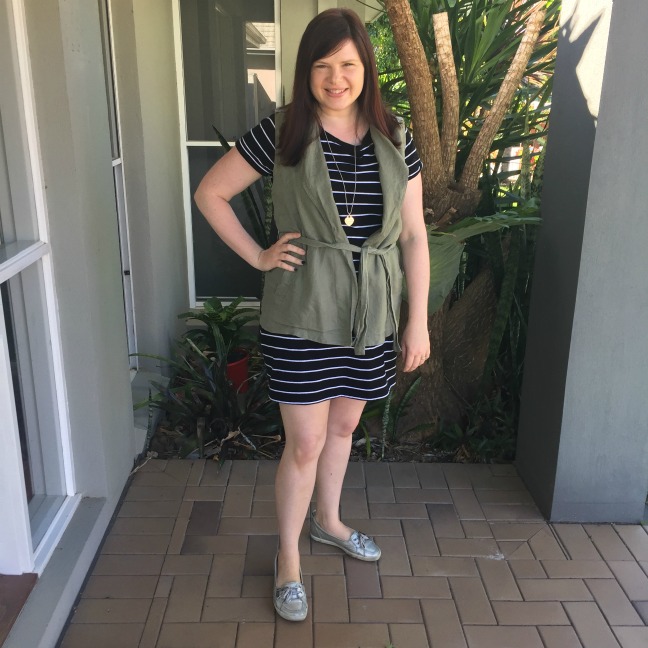 striped t-shirt dress and vest