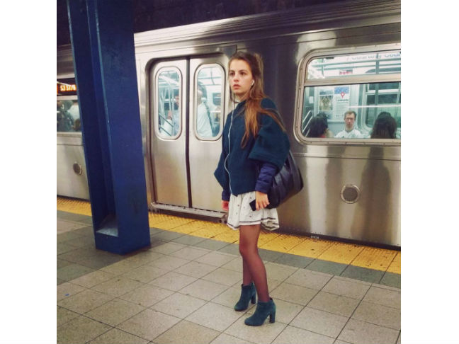 blue suede ankle boots with blue jacket and red tights