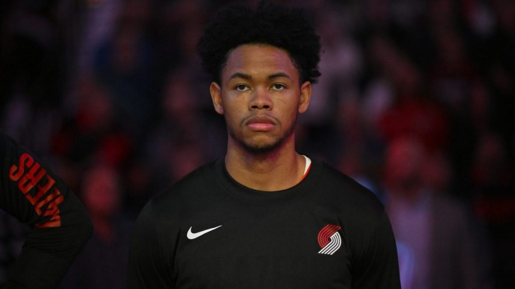 Anfernee Simons #1 of the Portland Trail Blazers looks on before the exhibition game against the New Zealand Breakers at Moda Center on October 10, 2023 in Portland, Oregon. The Portland Trail Blazers won 106-66.