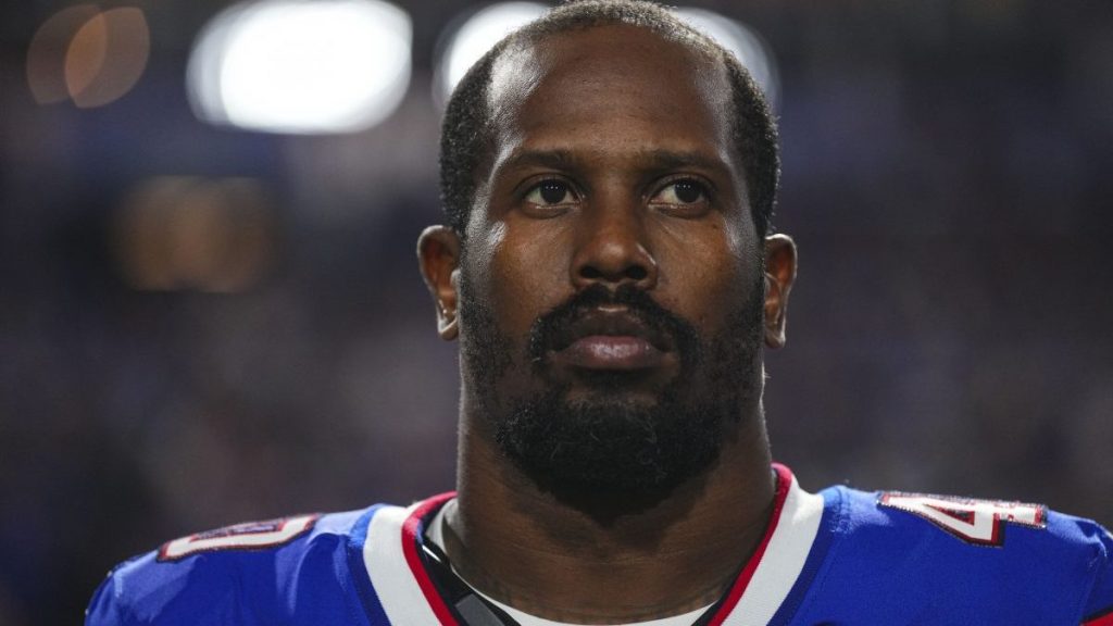 Von Miller #40 of the Buffalo Bills looks on from the sideline prior to an NFL football game against the Tampa Bay Buccaneers at Highmark Stadium on October 26, 2023 in Orchard Park, New York.