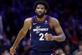 Joel Embiid #21 of the Philadelphia 76ers looks on during the fourth quarter against the San Antonio Spurs at the Wells Fargo Center on January 22, 2024 in Philadelphia, Pennsylvania. NOTE TO USER: User expressly acknowledges and agrees that, by downloading and or using this photograph, User is consenting to the terms and conditions of the Getty Images License Agreement.