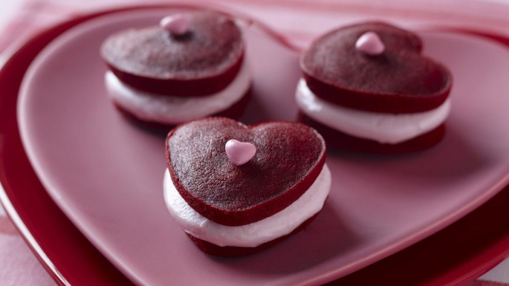 Red Velvet Whoopie Pies in a heart shape.