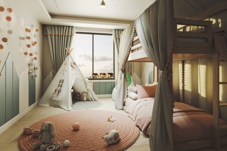 Stylish Scandinavian style children's room with bunk bed, wooden toys and tent.