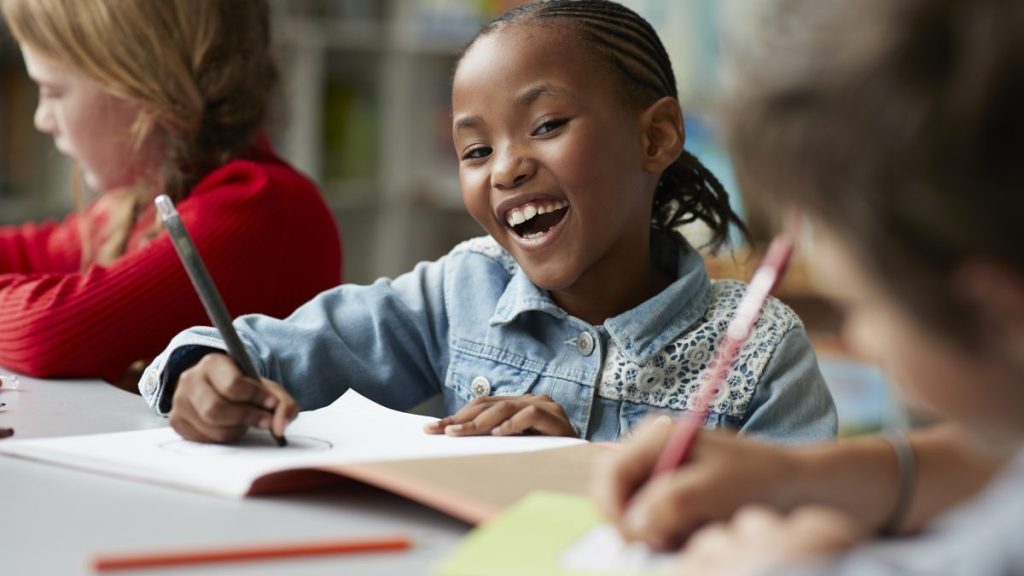 Children at modern school facility