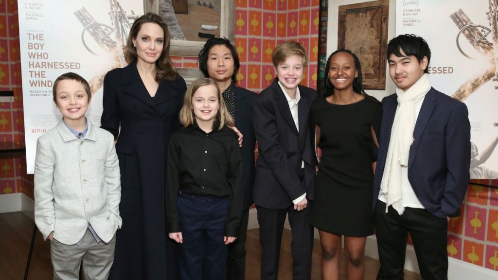 Angelina Jolie with children Knox Leon Jolie-Pitt, Vivienne Marcheline Jolie-Pitt, Pax Thien Jolie-Pitt, Shiloh Nouvel Jolie-Pitt, Zahara Marley Jolie-Pitt and Maddox Chivan Jolie-Pitt attend "The Boy Who Harnessed The Wind" Special Screening at Crosby Street Hotel on February 25, 2019 in New York City.