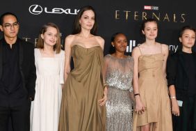 US actress Angelina Jolie and her children (L-R) Maddox, Vivienne, Zahara, Shiloh and Knox arrive for the world premiere of Marvel Studios' "Eternals" at the Dolby theatre in Los Angeles, October 18, 2021.