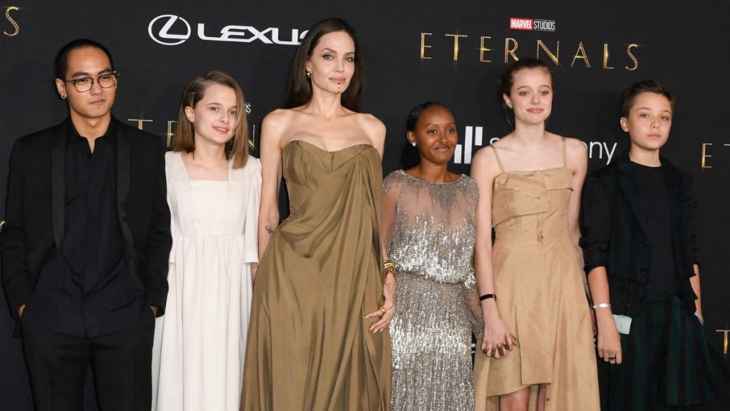 US actress Angelina Jolie and her children (L-R) Maddox, Vivienne, Zahara, Shiloh and Knox arrive for the world premiere of Marvel Studios' "Eternals" at the Dolby theatre in Los Angeles, October 18, 2021.