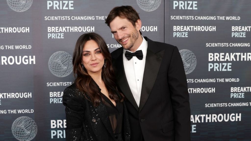 Mila Kunis and Ashton Kutcher arrive at the Ninth Breakthrough Prize Ceremony at Academy Museum of Motion Pictures on April 15, 2023 in Los Angeles, California.