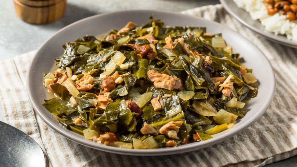 Southern Organic Collard Greens with Pork and Pepper, a Thanksgiving dinner recipe you can easily make using a slow cooker.