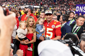 Patrick Mahomes #15 of the Kansas City Chiefs, Brittany Mahomes and their two kids pose following the NFL Super Bowl 58 football game between the San Francisco 49ers and the Kansas City Chiefs at Allegiant Stadium on February 11, 2024 in Las Vegas, Nevada.