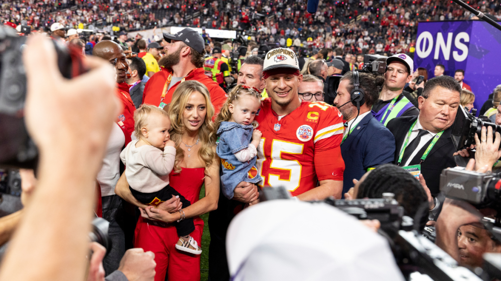 Patrick Mahomes #15 of the Kansas City Chiefs, Brittany Mahomes and their two kids pose following the NFL Super Bowl 58 football game between the San Francisco 49ers and the Kansas City Chiefs at Allegiant Stadium on February 11, 2024 in Las Vegas, Nevada.