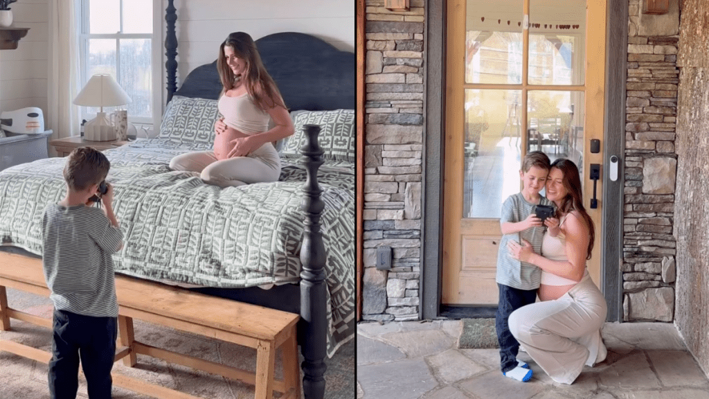 son clicks pregnant mom polaroid camera video