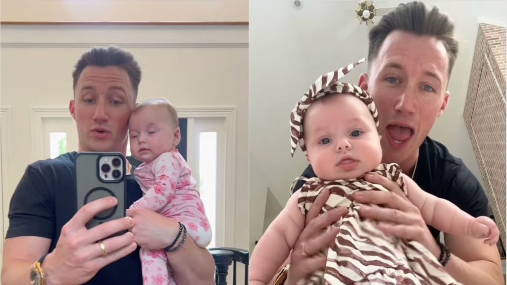 Dad gets baby daughter ready for an event in viral parenting video