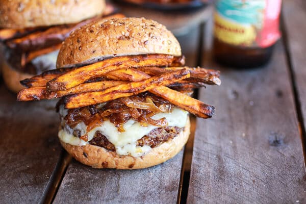 Crispy Quinoa Burgers With Sweet Potato Fries, Caramelized Onions and Gruyere