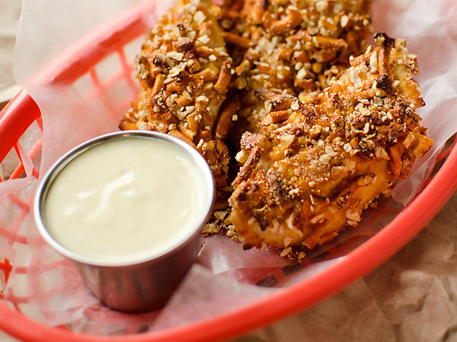 Cheddar Dijonb Baked Pretzel Chicken Tenders