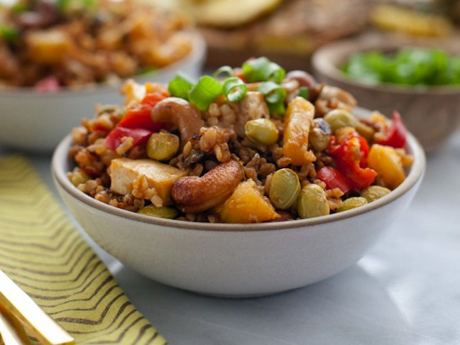 Oven-Baked Pineapple Fried Rice with Cashews and Tofu