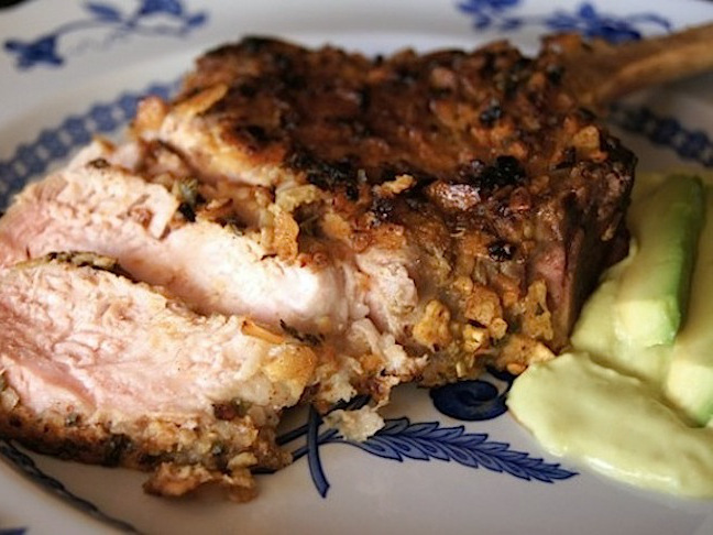 Spiced Tortilla Chip Crusted Pork Chops with Avocado-Lime Sauce