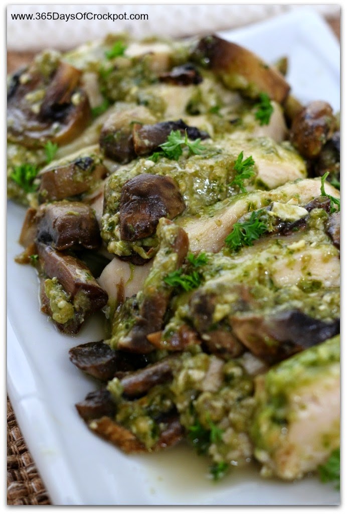 Slow Cooker Pesto Chicken and Mushrooms