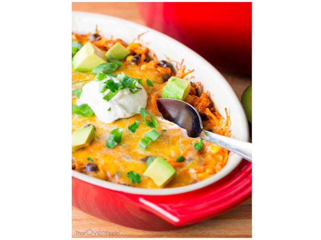 Spiralized Sweet Potato Enchilada Casserole