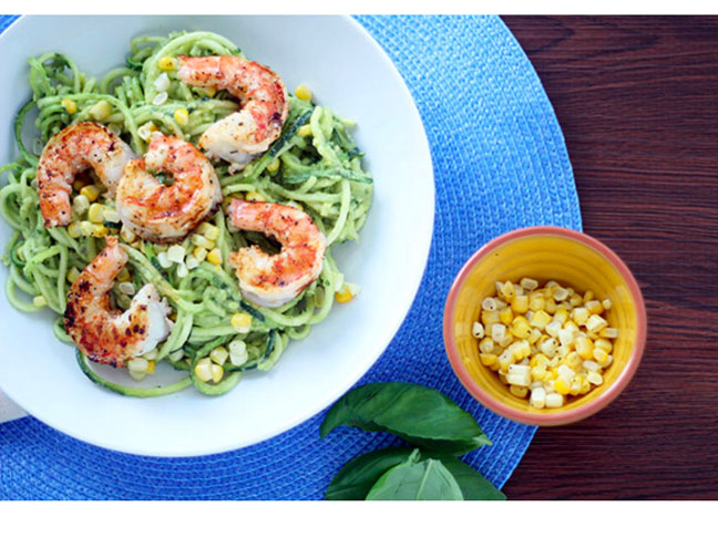 Avocado-Basil Zucchini Noodles with Chile-Lime Shrimp & Corn