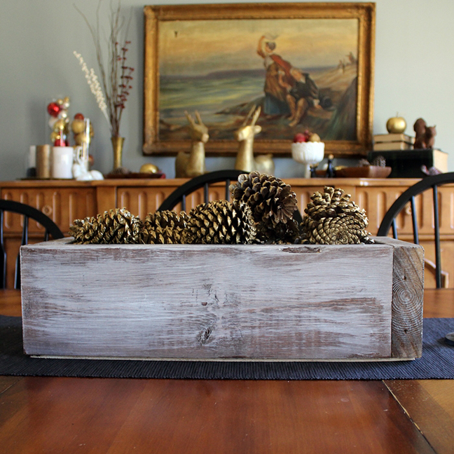 Wooden Box Centerpiece Gold Pine Cones