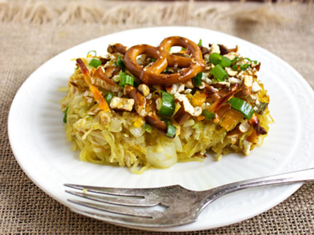 Spaghetti Squash Casserole with Pretzels and Honey Mustard