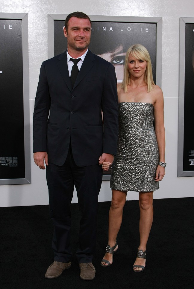 Naomi Watts, silver dress, silver heels, bracelets, red carpet, Liev Schreiber